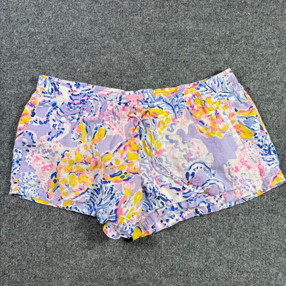 Lilly Pulitzer Linen Shorts Womens XL Purple Multi Color Tassel Drawstring